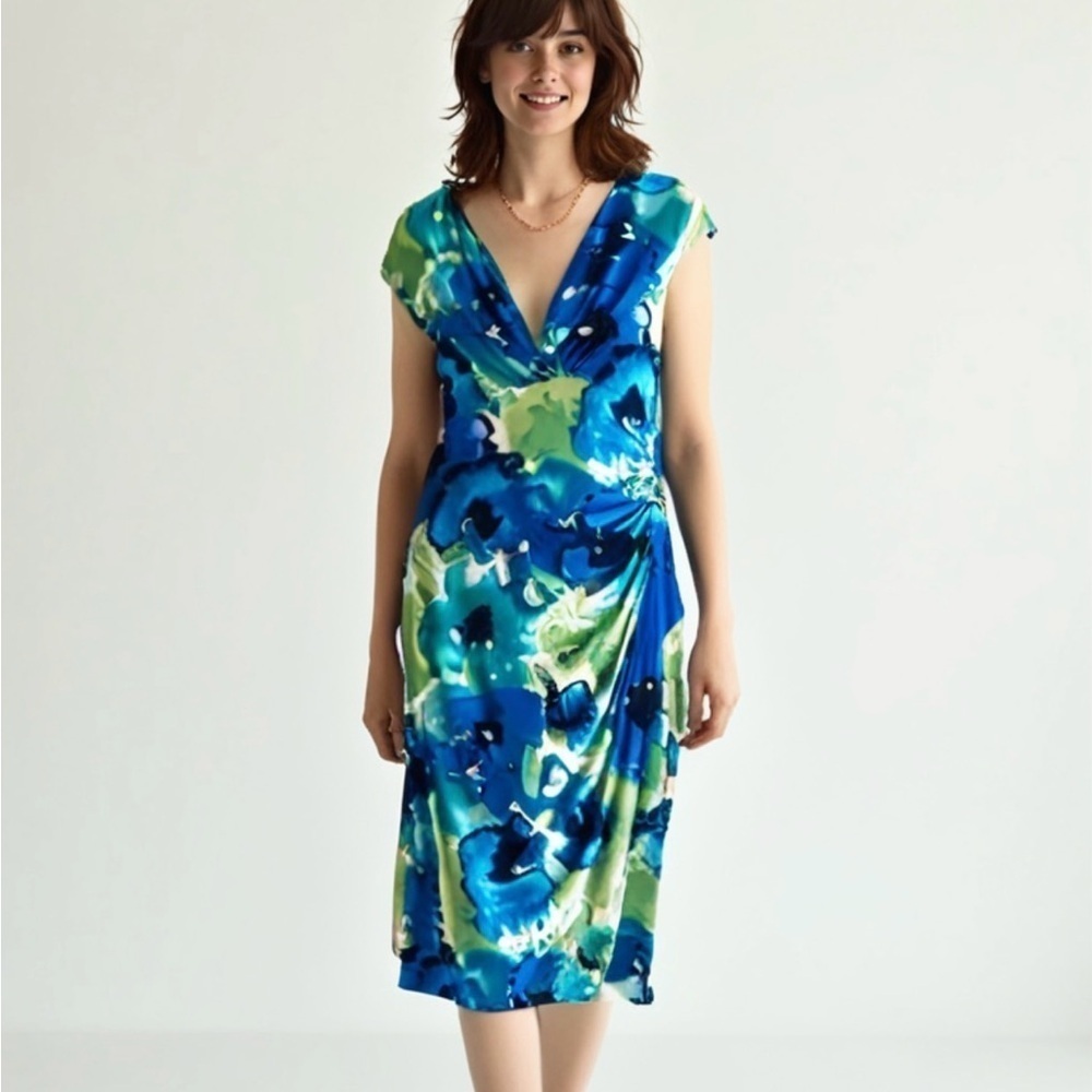 Ralph Lauren LRL Dress Womens Size 4Green Floral Stretch Surplice SheathCorpcore